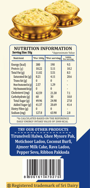Back label of a Sri Dairy product package, featuring a stack of golden biscuits at the top, a nutrition information panel.