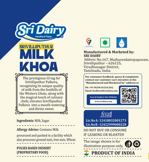 A digital product information card for Srivilipputhur Milk Khoa by Si Dairy, featuring the product name, ingredients, allergen advice, and manufacturing details on a white background with blue and green branding elements.